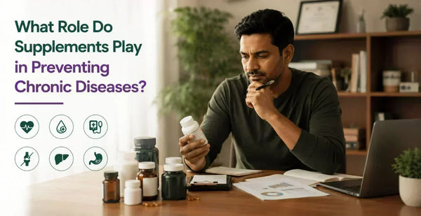 Man researching supplement bottles with chronic disease icons - how dietary supplements help prevent lifestyle diseases including heart, diabetes, and joint conditions.