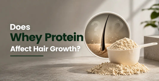 Does whey protein affect hair growth? Whey protein powder with a hair follicle illustration explaining its impact on hair health.