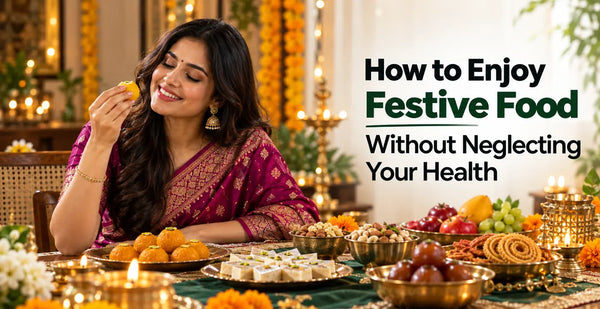 Indian woman in festive attire enjoying a sweet at a table of snacks, beside tips on balancing festive food with good health