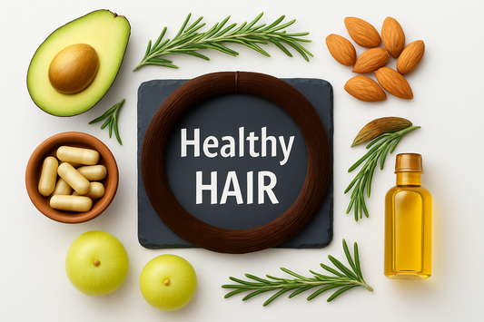 An arrangement of items promoting healthy hair, including avocado, almonds, herbal supplements, rosemary, and essential oils, with the words "Healthy HAIR" displayed on a blackboard.