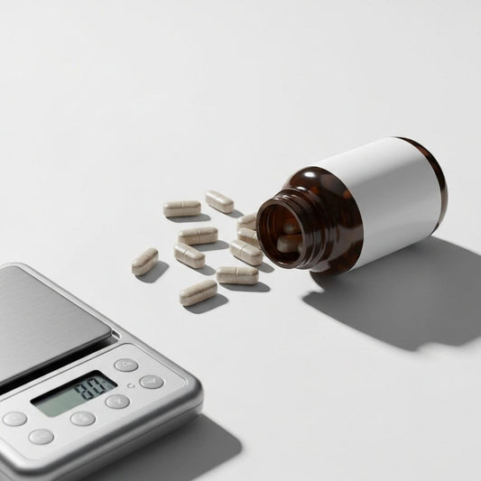 An image of fat burner tablets spilled next to a digital scale, with a partially opened bottle, emphasizing supplement measurement.