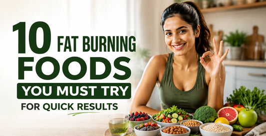 10 fat burning foods you must try, with a smiling woman giving an approving gesture beside a table of fresh fruits, vegetables, and healthy foods.