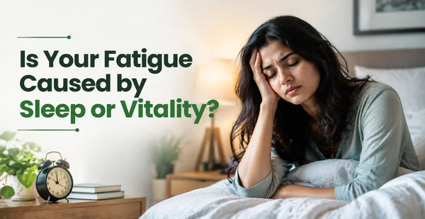 Is your fatigue caused by sleep or vitality, with a tired woman sitting in bed holding her head near an alarm clock.