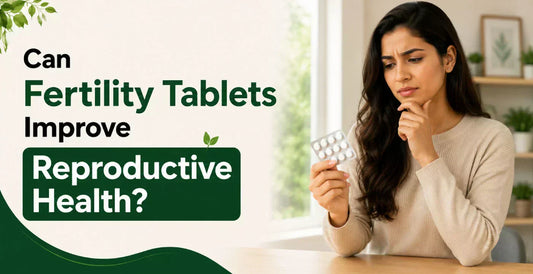 Concerned woman examining a blister pack of fertility tablets wondering if they can improve women's reproductive health