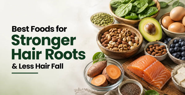 Best foods for stronger hair roots and less hair fall featuring salmon, eggs, nuts, spinach, seeds, blueberries and avocado.