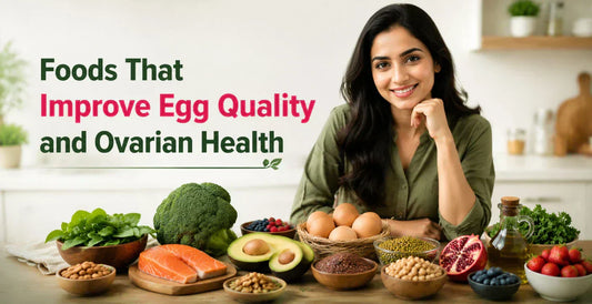 Smiling woman beside fertility superfoods salmon, avocado, eggs, broccoli, berries and pomegranate to improve egg quality and ovarian health