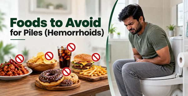 Foods to avoid for piles (hemorrhoids), featuring spicy foods, chips, soft drinks, burgers and fries, donuts, and other sugary snacks, alongside a person experiencing hemorrhoid discomfort.