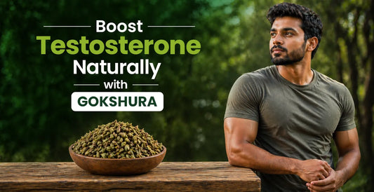 Muscular man outdoors beside a wooden bowl of Gokshura seeds to boost testosterone naturally with herbal supplement