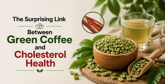 Wooden bowl of green coffee beans with herbal tea and artery blockage illustration showing link between green coffee and cholesterol health