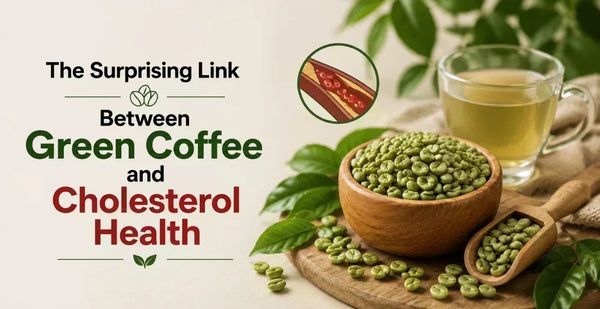 Wooden bowl of green coffee beans with herbal tea and artery blockage illustration showing link between green coffee and cholesterol health