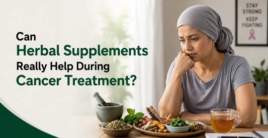 Cancer patient weighing herbal supplement options with herbs, roots, and herbal tea - safety and benefits of herbal supplements during cancer treatment explained.