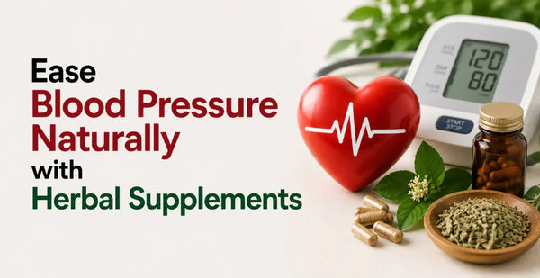Heart model, BP monitor, herbal capsules and dried herbs arranged together to ease blood pressure naturally with herbal supplements