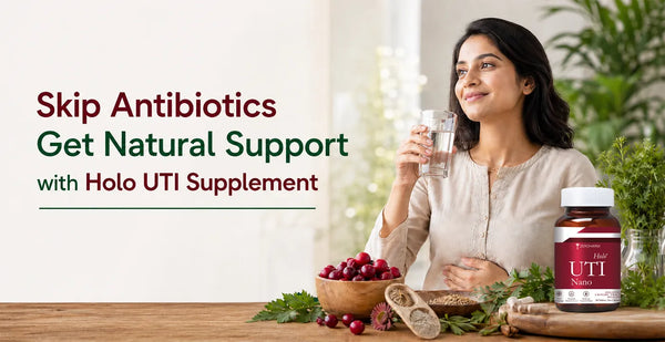 Woman drinking water beside ZeroHarm Holo UTI Nano supplement, cranberries and herbs for natural urinary tract health support