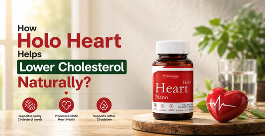 ZeroHarm Holo Heart Nano supplement bottle with heart icon, highlighting natural cholesterol support, improved circulation and holistic cardiovascular health.