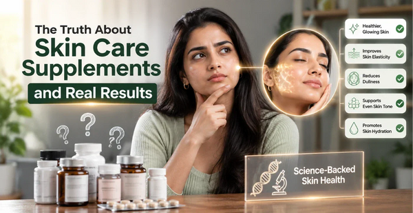 Woman comparing skin care supplements with illustrated skin benefits, highlighting science-backed skin health support.