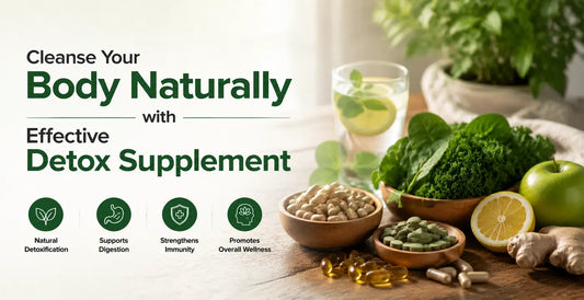 Detox supplements with greens, ginger, lemon, and herbal water - natural body cleanse for digestion, immunity, and wellness.