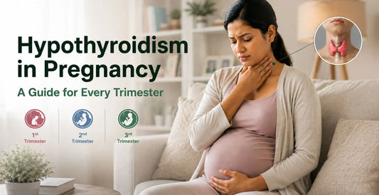 Pregnant woman touching neck with thyroid illustration - complete hypothyroidism in pregnancy guide for every trimester, symptoms, and thyroid health.