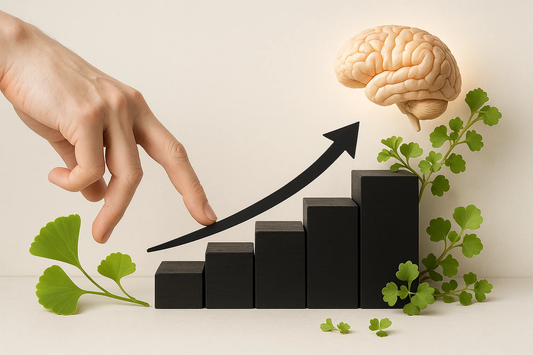 A hand reaching towards a bar graph representing growth, with an upward arrow. A stylized brain and Ginkgo leaves are included, symbolizing Cognitive Performance and brain health with Ginkgo & Brahmi.