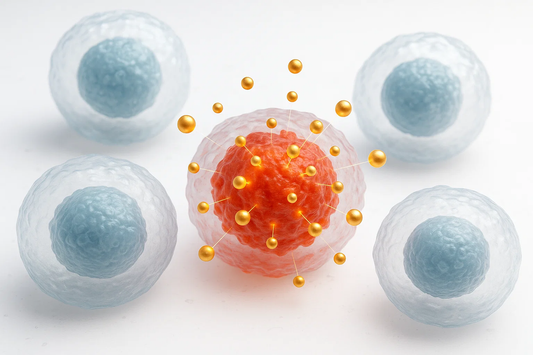 Illustration of cancer cells surrounded by nano particles, depicting the concept of Nano Drug Delivery for Cancer Care Supplements. The main cell is orange with surrounding blue cells.