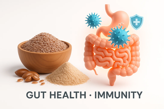 A digital illustration showing a pink intestines model alongside bowls of psyllium husk and seeds. Text at the bottom reads 'GUT HEALTH • IMMUNITY' with stylized blue germs and a shield symbol.