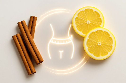 Cinnamon sticks arranged next to sliced lemon on a white surface, with a glowing outline of a waist depicted in the background, symbolizing 'Cinnamon and Lemon Extracts for Fat Metabolism