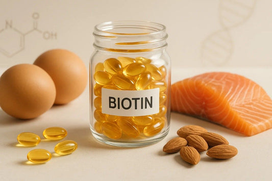 A jar labeled 'BIOTIN' filled with golden capsules, positioned alongside two eggs, a slice of salmon, and a handful of almonds on a neutral background. This image highlights biotin supplements, also known as vitamin B7, and their common dietary sources.