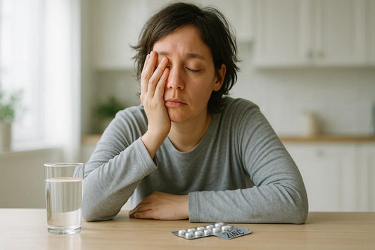 A woman resting her head on her hand appears fatigued while sitting at a table with a glass of water and a blister pack of pills, suggesting a focus on health and wellness, possibly indicating the impact of Zinc Deficiency.