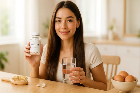 A woman holding a bottle of Biotin Tablets in one hand and a glass of water in the other, seated at a wooden table. Next to her are eggs and a wooden hairbrush, indicating a focus on hair growth.