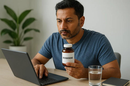 A man sitting at a wooden table, looking at a laptop while holding a bottle labeled 'Berberine'. A glass of water is placed on the table, with a green plant visible in the background. 