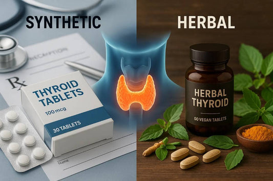 A split image comparing Synthetic vs. Herbal Thyroid Tablets.