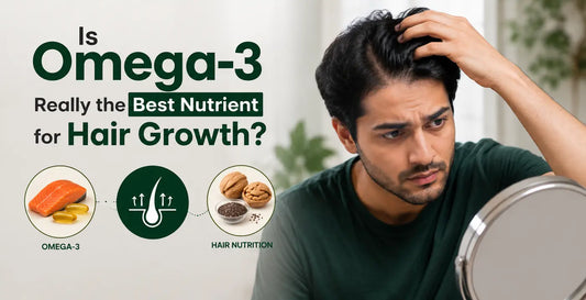 Is Omega-3 really the best nutrient for hair growth? Banner with a man checking hair health, Omega-3 foods, and hair nutrition icons.