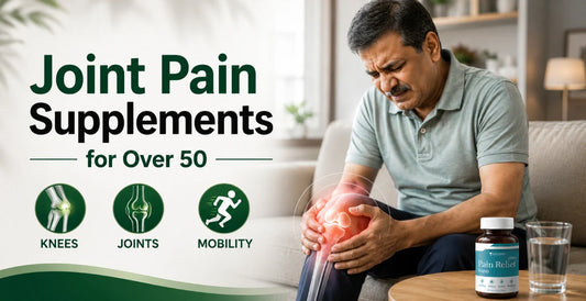Older man holding painful knee with Pain Relief Nano supplement nearby - joint pain supplements for over 50, supporting knees, joints, and mobility.