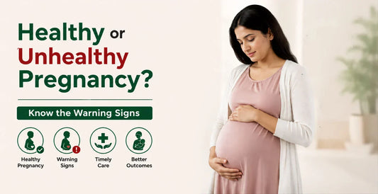 Pregnant woman in pink dress cradling baby bump with healthy vs unhealthy pregnancy warning signs and timely care icons