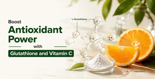 Glutathione and Vitamin C illustration with oranges and antioxidant formula highlighting cellular antioxidant support.