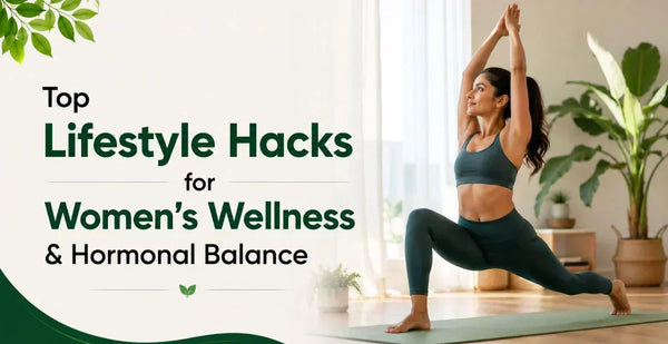 Fit woman doing a deep lunge yoga stretch at home representing top lifestyle hacks for women's wellness and hormonal balance