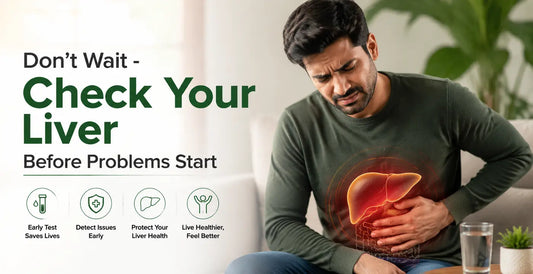 Man with liver discomfort and anatomical liver graphic - early liver health check guide to detect and prevent problems.