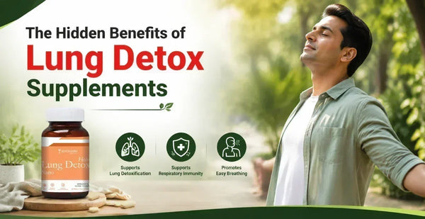 Man breathing freely outdoors beside ZeroHarm Holo Lung Detox Nano tablet bottle showing hidden benefits of lung detox supplements