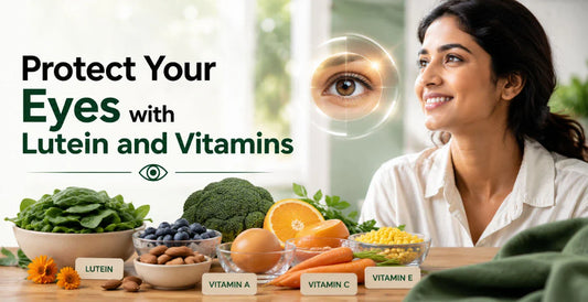 Woman looking at glowing eye icon with lutein-rich foods including spinach, blueberries, and carrots - best vitamins to protect eyes naturally.