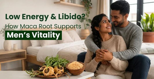 Couple sitting together affectionately with fresh Maca root and powder in wooden bowl to support men's libido and vitality