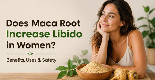 Smiling woman resting chin on hand beside wooden bowl of Maca root powder and fresh Maca roots to increase libido in women