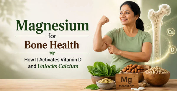 Woman flexing beside Magnesium block spinach and nuts with bone illustration showing magnesium role in Vitamin D and bone health
