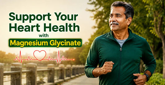 Older man jogging outdoors at sunset with heartbeat and heart icon showing how Magnesium Glycinate supports heart health