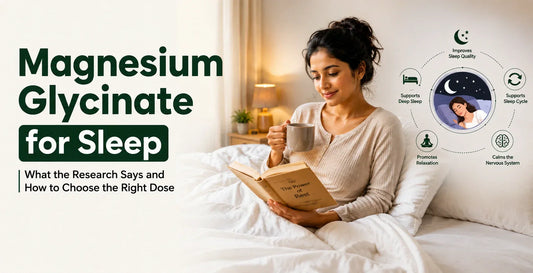 Woman reading The Power of Rest book in bed with tea beside sleep cycle icons showing Magnesium Glycinate benefits for better sleep