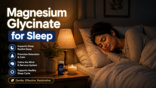 Woman sleeping peacefully beside Magnesium Glycinate bottle and lamp showing benefits for deep restful sleep and relaxation