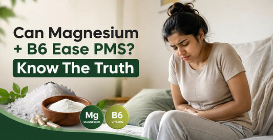 Magnesium and vitamin B6 for PMS relief, with a woman experiencing menstrual discomfort and supplement ingredients shown.