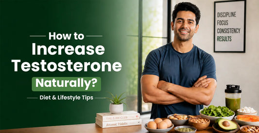 Fit man standing arms crossed beside testosterone-boosting foods like eggs, salmon, avocado and nuts with healthy lifestyle books