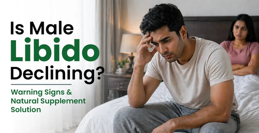 Stressed man sitting on bed holding his head with concerned woman behind him showing low male libido warning signs