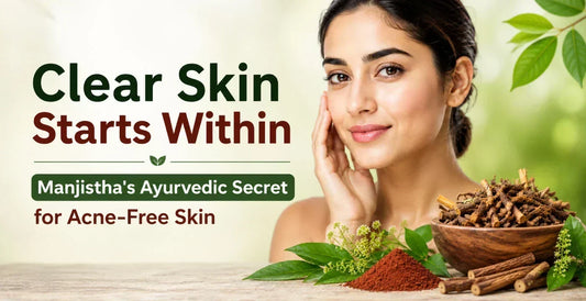 Woman with clear skin beside Manjistha roots and herbal powder, promoting Ayurvedic skincare, natural acne care, and healthy glowing skin.
