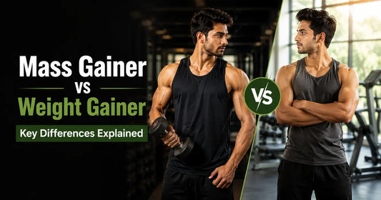 Comparison of muscular and lean Indian men in a gym illustrating the differences between mass gainer and weight gainer.