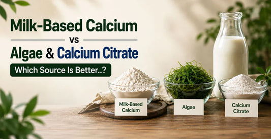Side-by-side comparison of milk-based calcium, algae, and calcium citrate supplements - best calcium source for bone health and absorption.